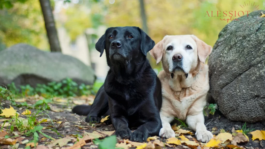 (two older Labs laying down together): "Senior Labradors resting, showcasing how long do Labs live with age."