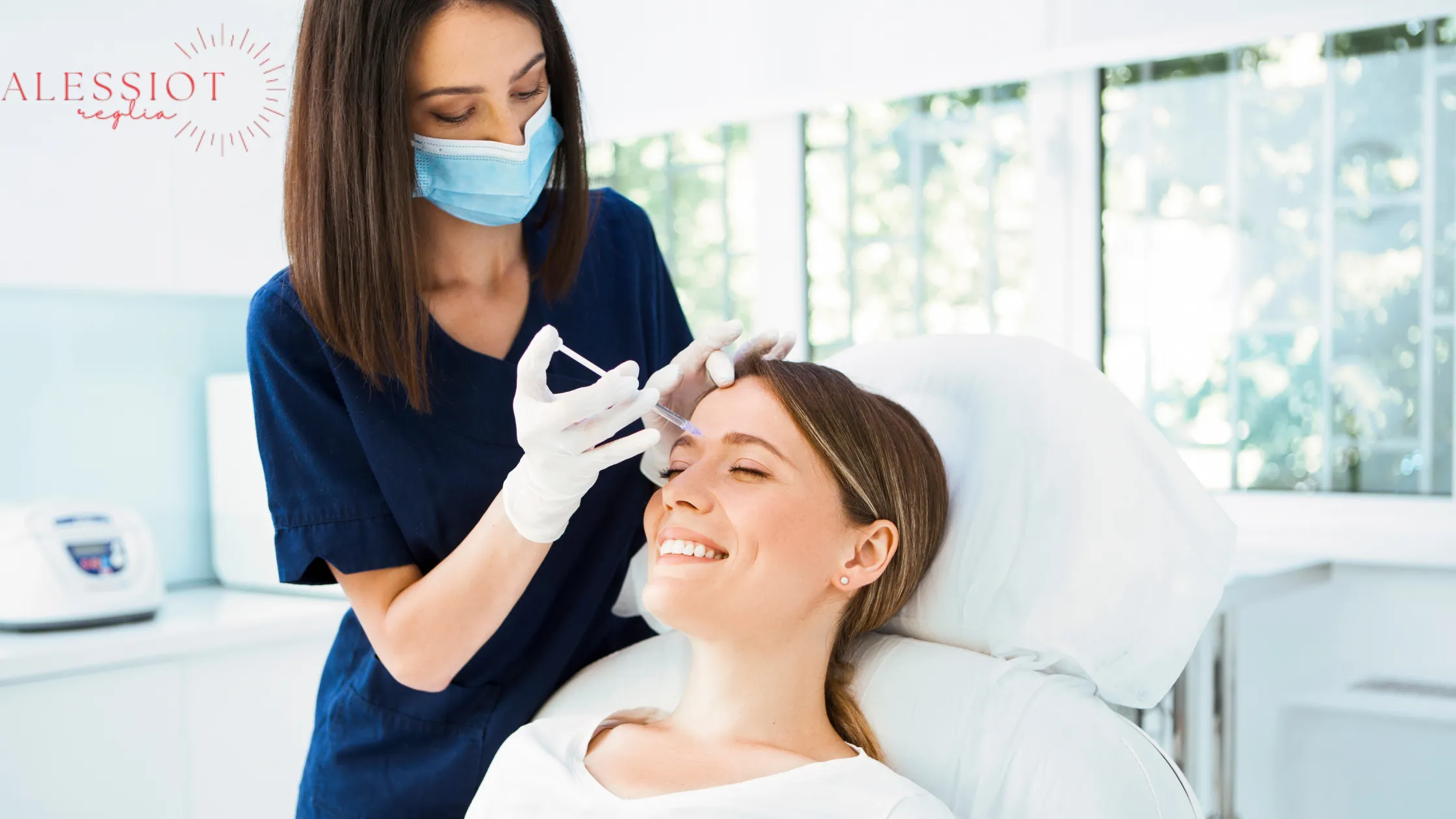 Smiling woman receiving Botox on her forehead. How long does Botox last for wrinkle reduction?